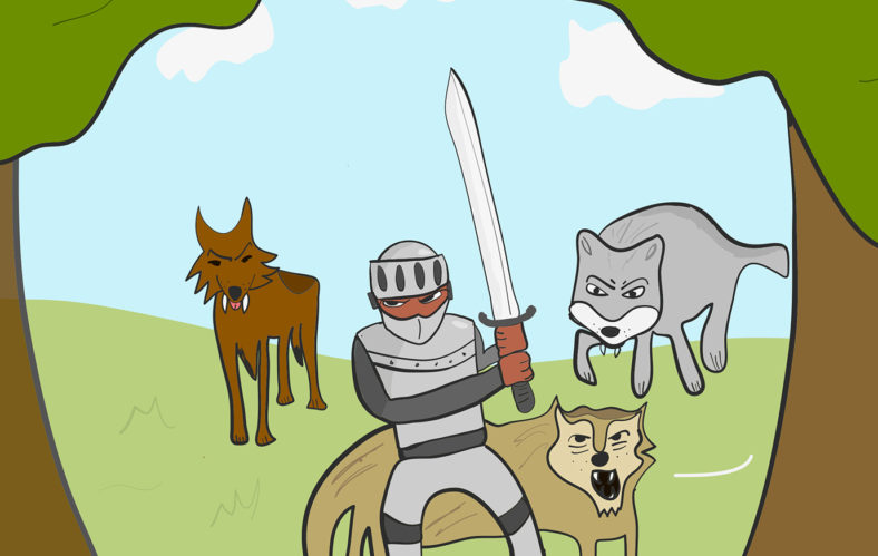 Man with sword fighting wolves